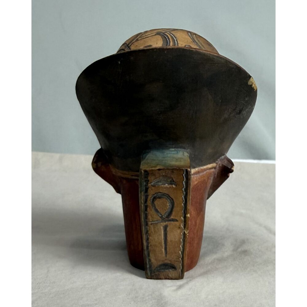 Egyptian Pharaoh Bust Figurine Hand Painted Hieroglyphic Ankh Statue 5"